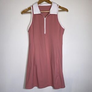 Halara M Sleeveless Athletic Tennis Golf Dress Coral Pink White Collar 1/4 Zip
